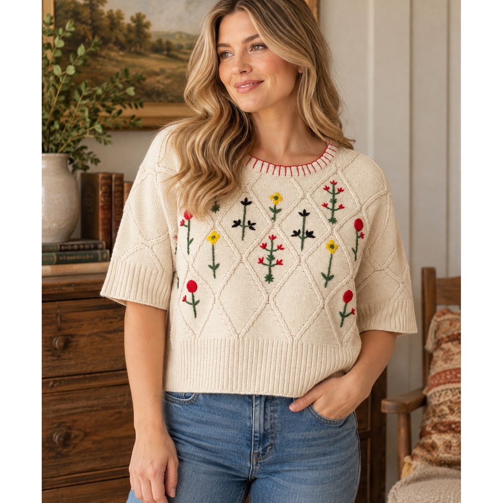 Cider Sweater Cream Embroidered Floral Diamond Cable Knit Short Sleeve 3XL